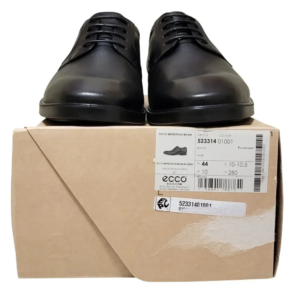 Ecco Men Metropole Milan Plain Toe Derby Oxfords Size US 10 EU 44 Black Leather